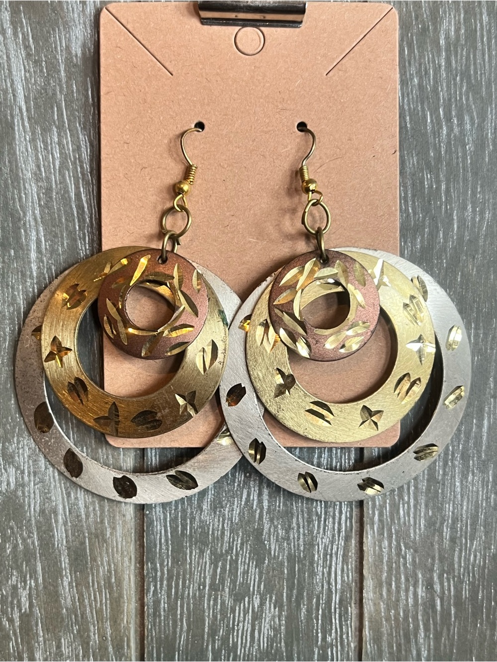 Vintage distressed Multi-Tone Hoop Dangle Earrings in Gold and Silver